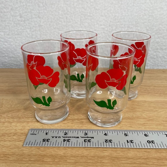 Other - Vintage Anchor Hocking Red Poppy Floral Juice Glasses Mid Century Retro Set of 4
